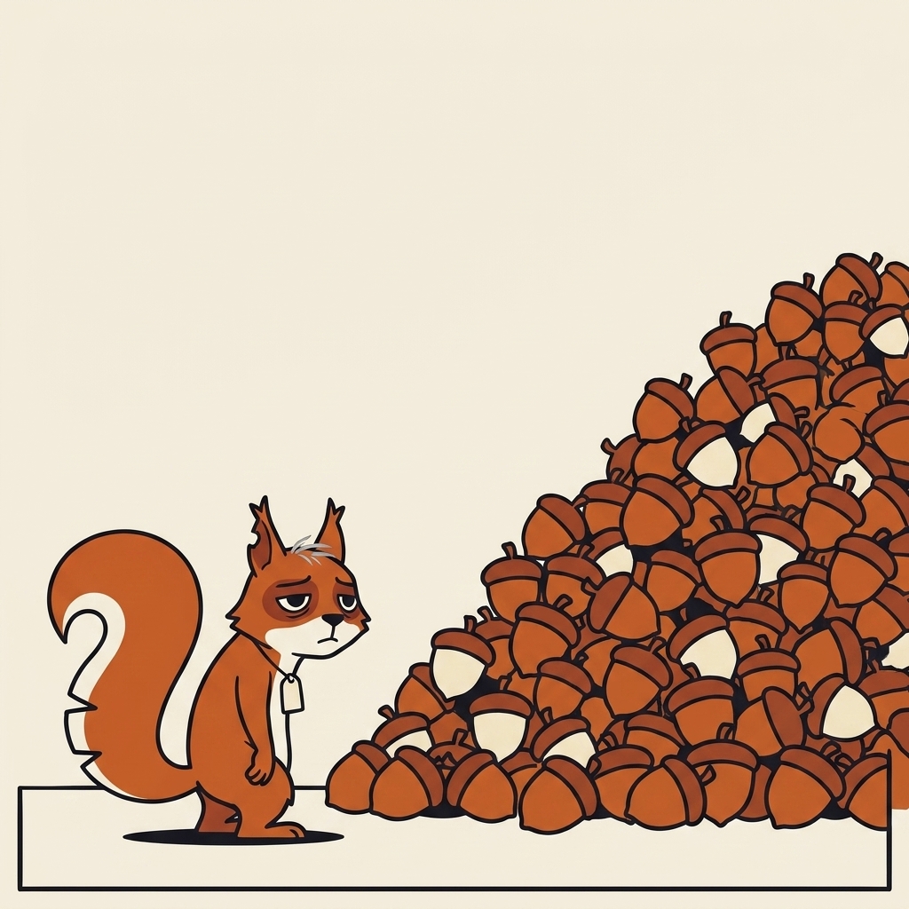 A wide shot: he stands small beside a mound of acorns taller than he is.