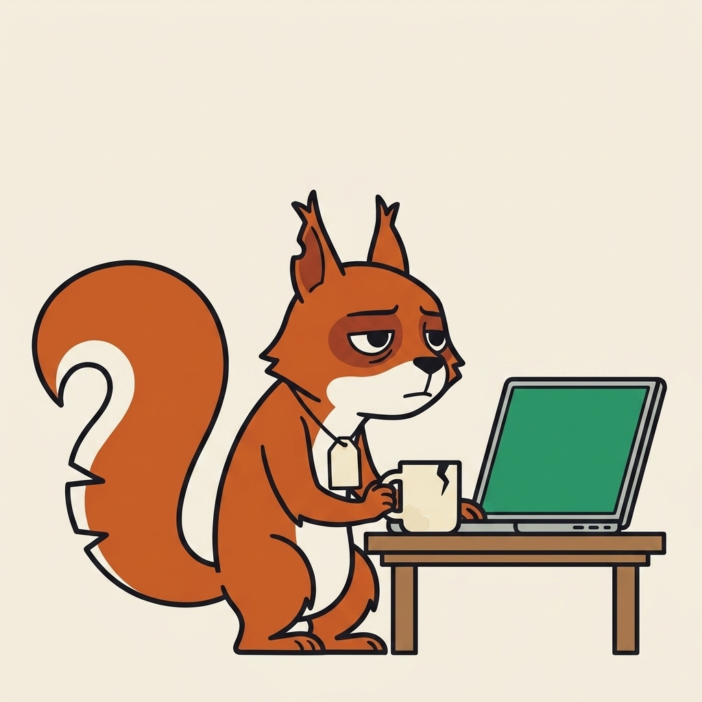 He sits at a desk in profile, paw on a mug, staring at a laptop with a blank green screen.