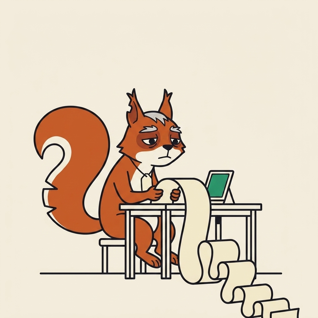 He sits at his desk holding a printout that unspools onto the floor and off the bottom of the panel.