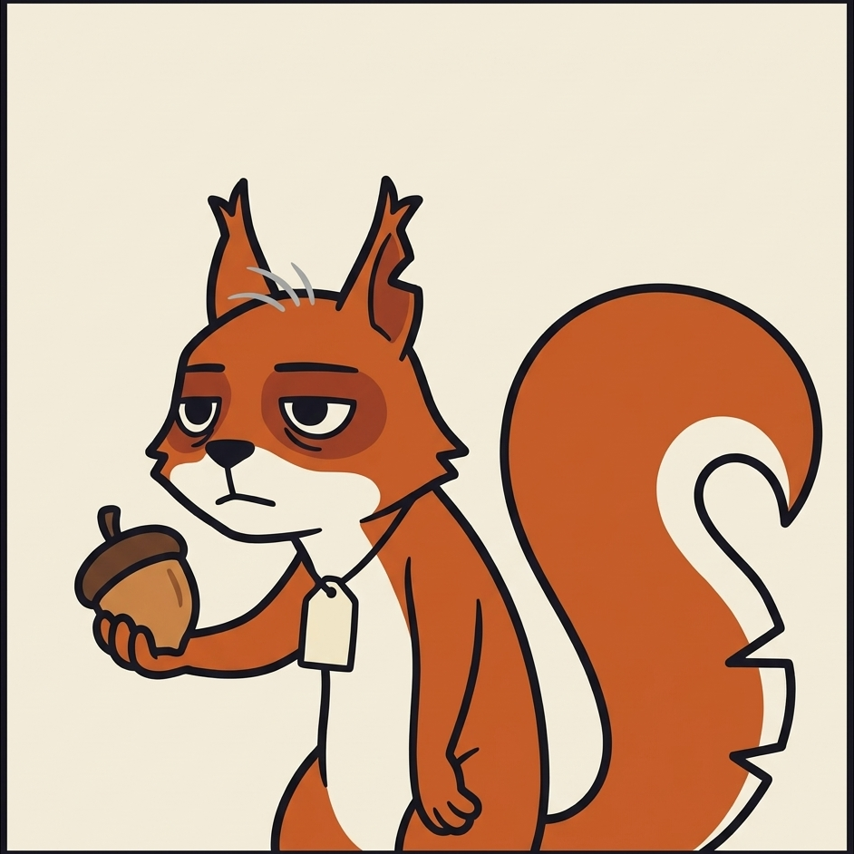 Ship It Squirrel holds up a single acorn and looks at it flatly.